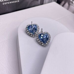 Light Blue Heart And Clear Crystals Silver Earrings, Sterling Silver Plated